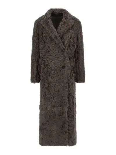 Brunello Cucinelli Long Faux Fur Coat With Notched Lapels In Brown