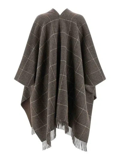 Brunello Cucinelli Reversible Poncho With Fringe And Plaid In Brown