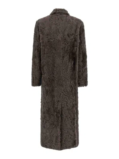 Brunello Cucinelli Long Faux Fur Coat With Notched Lapels In Brown