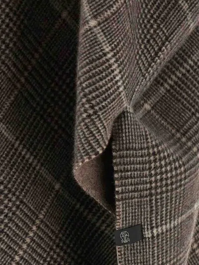 Brunello Cucinelli Reversible Poncho With Fringe And Plaid In Brown