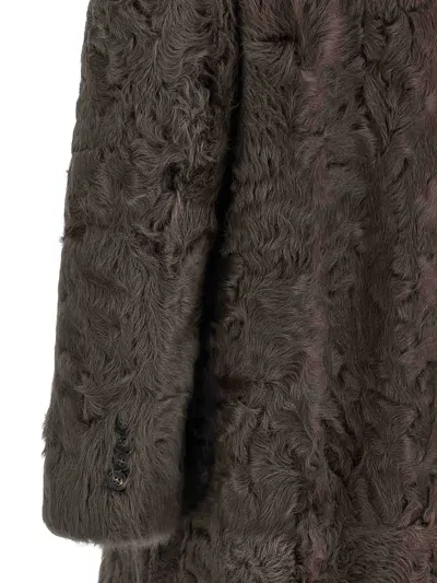 Brunello Cucinelli Long Faux Fur Coat With Notched Lapels In Brown