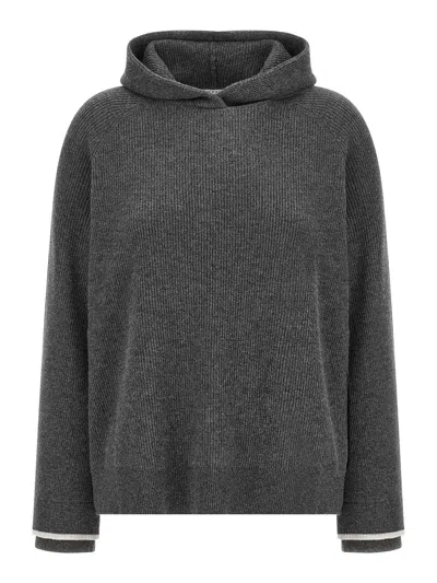 Brunello Cucinelli Ribbed Texture Hooded Sweater With Long Sleeves In Gray