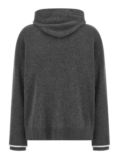 Brunello Cucinelli Ribbed Texture Hooded Sweater With Long Sleeves In Gray