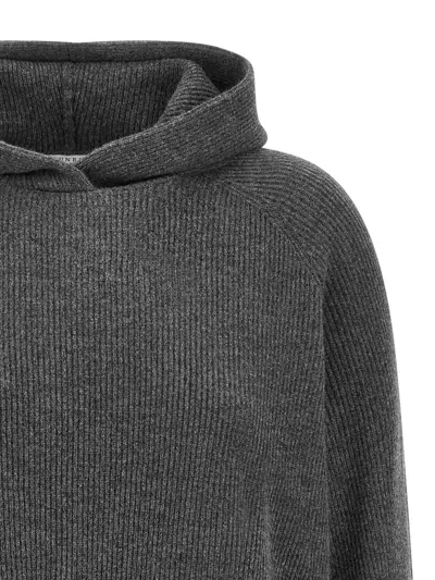 Brunello Cucinelli Ribbed Texture Hooded Sweater With Long Sleeves In Gray