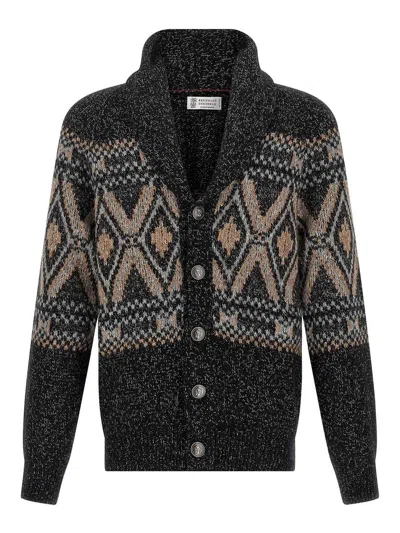 Brunello Cucinelli Geometric Jacquard Cardigan Sweaters And Cardigans Multicolor In Black