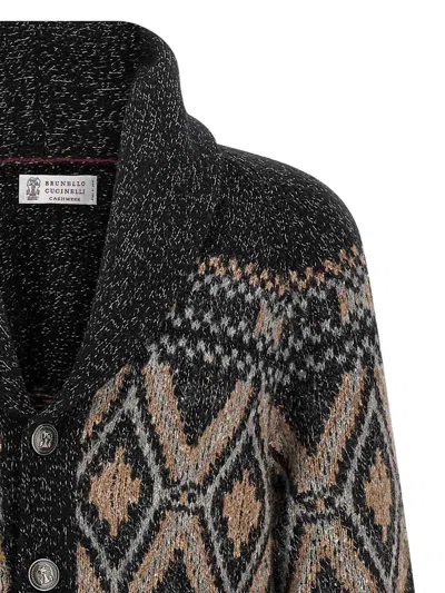 Brunello Cucinelli Geometric Jacquard Cardigan Sweaters And Cardigans Multicolor In Black