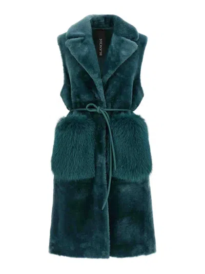 Blancha Straight-volpe Shadow Belted Faux Fur Vest In Green