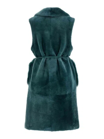 Blancha Straight-volpe Shadow Belted Faux Fur Vest In Green