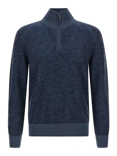 Brioni High Collar Long Sleeve Knit Pullover In Blue