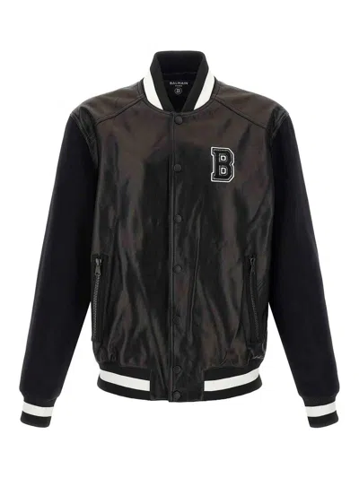 Balmain Varsity Bomber Jacket With Leather And Wool In White