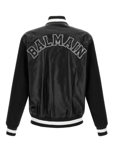 Balmain Varsity Bomber Jacket With Leather And Wool In White