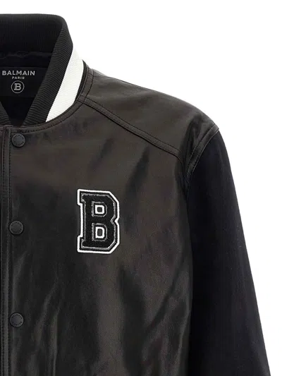 Balmain Varsity Bomber Jacket With Leather And Wool In White