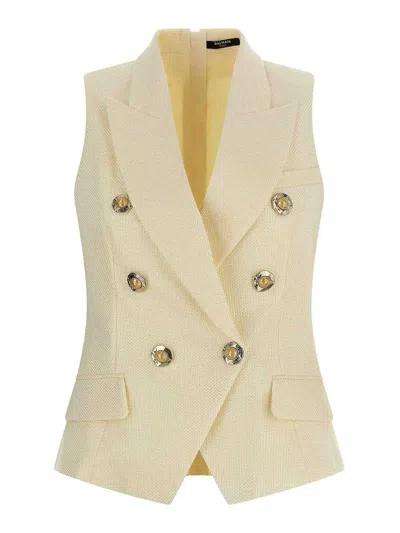 Balmain Jacquard Vest With Flap Pockets And Gold-tone Buttons In White
