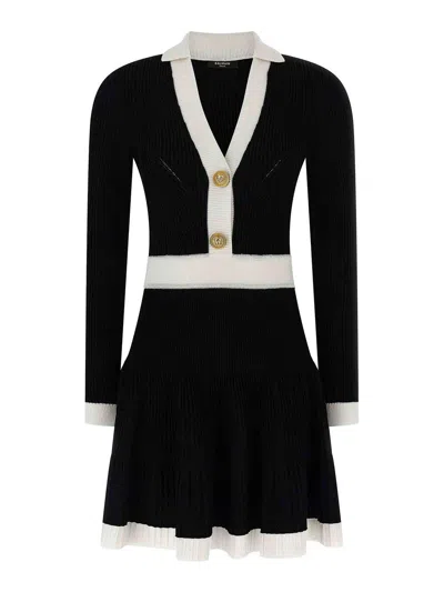 Balmain Long Sleeves V-neck Flare Knit Dress In Black