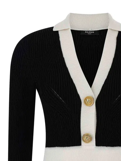 Balmain Long Sleeves V-neck Flare Knit Dress In Black