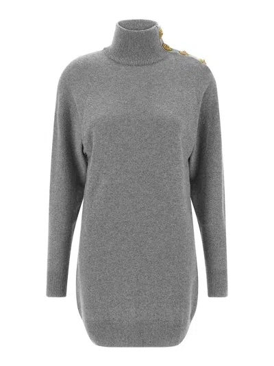 Balmain Grey Dress With High Neck And Metallic Logo Buttons In Cashmere Woman In Gray