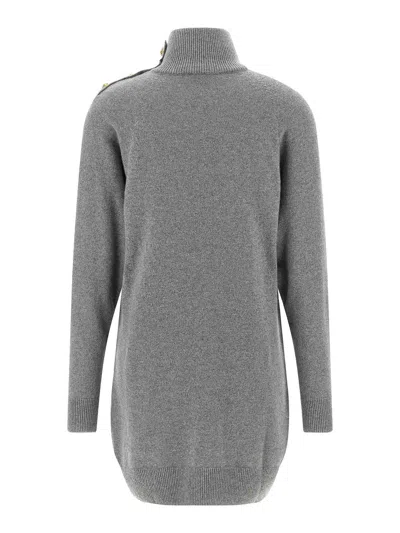 Balmain Grey Dress With High Neck And Metallic Logo Buttons In Cashmere Woman In Gray