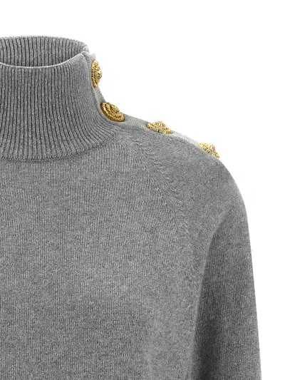 Balmain Grey Dress With High Neck And Metallic Logo Buttons In Cashmere Woman In Gray