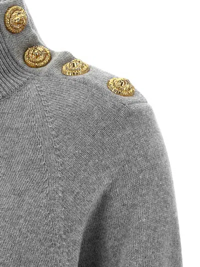 Balmain Grey Dress With High Neck And Metallic Logo Buttons In Cashmere Woman In Gray