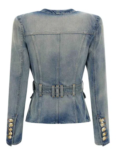 Balmain Stonewashed Cotton Denim Blazer In Blue