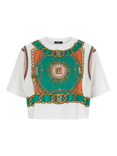 Balmain Chain Motif Crew Neck Cropped T-shirt In Multi
