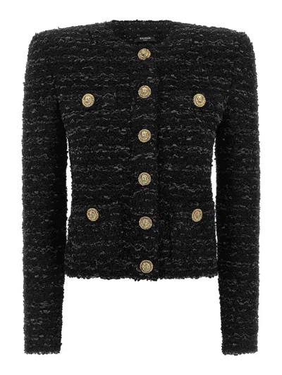 Balmain Buttoned Tweed Jacket In Black