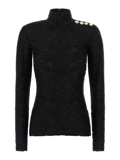 Balmain Buttoned Ls Bouclette Baroque Top In Black