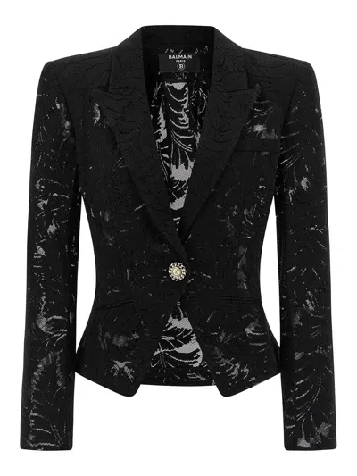 Balmain 1-button Fitted Lace Jacket In Black