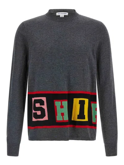 Comme Des Garçons Bold Intarsia Knit Sweater With Cuffed Sleeves In Gray
