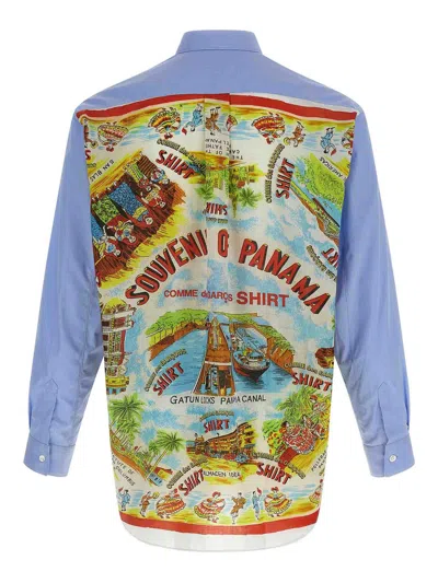 Comme Des Garçons Asymmetric Hem Shirt With Vibrant Landmark Prints In Blue