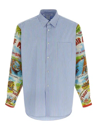 Comme Des Garçons Patterned Sleeve Cotton Poplin Shirt With Asymmetrical Hem In Multi