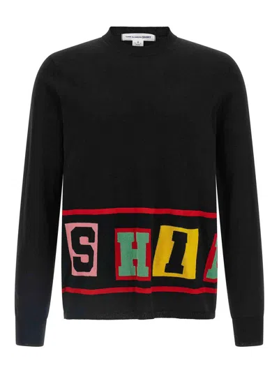 Comme Des Garçons Colorful Lettering Crew Neck Long Sleeve Sweater In Black
