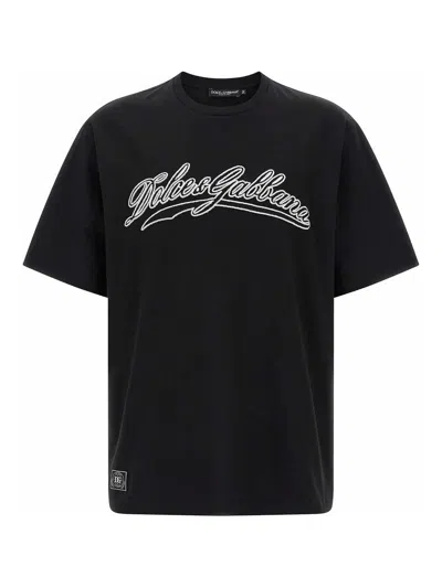 Dolce & Gabbana Men Cotton T-shirt With Embossed Logo Embroidery In Black