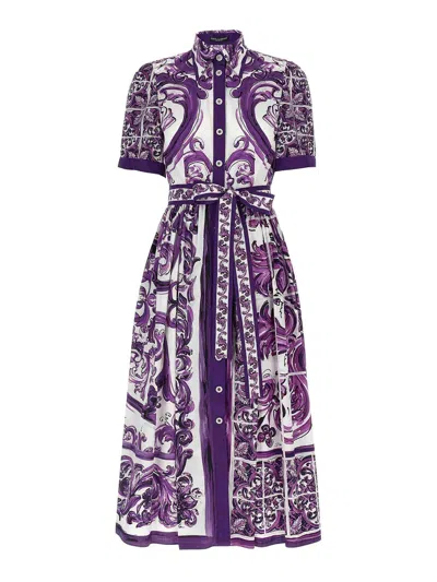 Dolce & Gabbana Poplin Shirt Dress With Maiolica Print In Purple