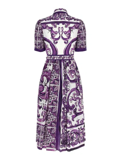 Dolce & Gabbana Poplin Shirt Dress With Maiolica Print In Purple