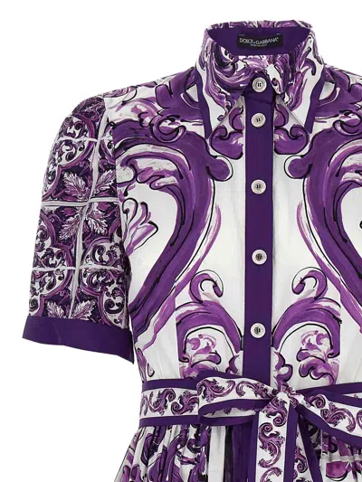 Dolce & Gabbana Poplin Shirt Dress With Maiolica Print In Purple