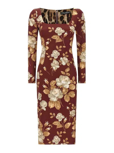 Dolce & Gabbana Dolce&gabbana Burgundy Satin Dress With Floral Print Women In Multi