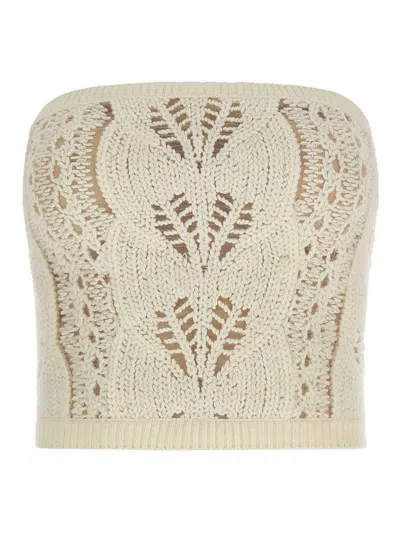 Ermanno Scervino Strapless Cropped Knit Top With Sheer Accents In White