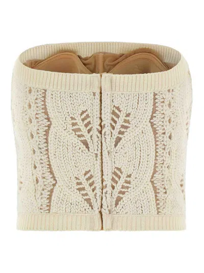 Ermanno Scervino Strapless Cropped Knit Top With Sheer Accents In White