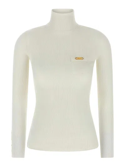 Elisabetta Franchi White Turtleneck Sweater With Logo Plaque On The Front In Silk Blend Woman In Pattern