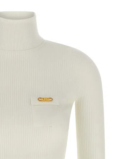 Elisabetta Franchi White Turtleneck Sweater With Logo Plaque On The Front In Silk Blend Woman In Pattern