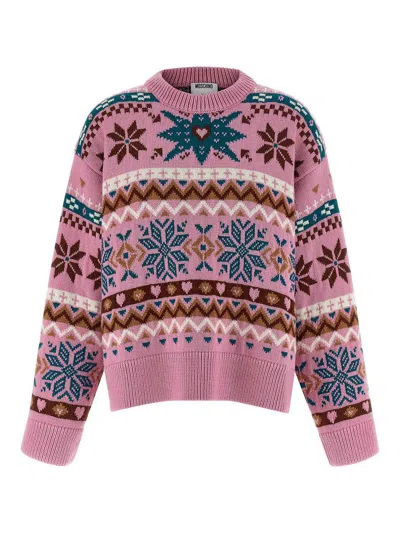 Moschino Wool Sweater With Intarsia Design And Crew Neck In Pink