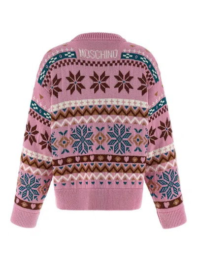 Moschino Wool Sweater With Intarsia Design And Crew Neck In Pink