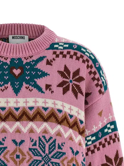 Moschino Wool Sweater With Intarsia Design And Crew Neck In Pink