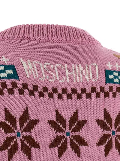 Moschino Wool Sweater With Intarsia Design And Crew Neck In Pink