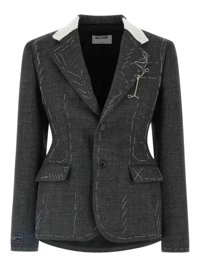 Moschino Embroidered Wool Canvas Jacket With Notch Lapel In Gray
