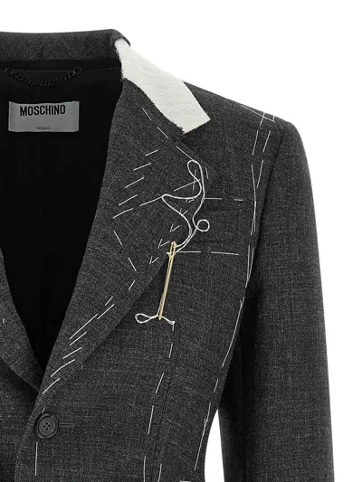 Moschino Embroidered Wool Canvas Jacket With Notch Lapel In Gray
