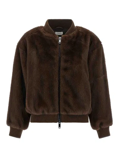 P.a.r.o.s.h . Faux Fur Bomber Jacket With Textured Appearance And Ribbed Details In Brown