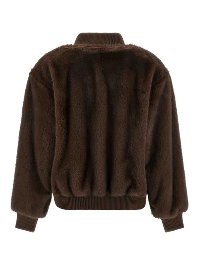 P.a.r.o.s.h . Faux Fur Bomber Jacket With Textured Appearance And Ribbed Details In Brown