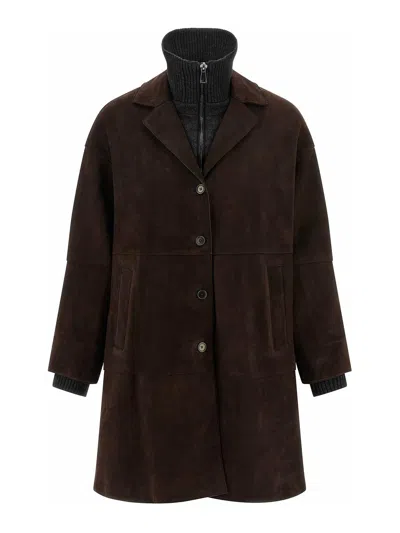 P.a.r.o.s.h Suede Coat With Knit Insert And Front Button Closure In Brown